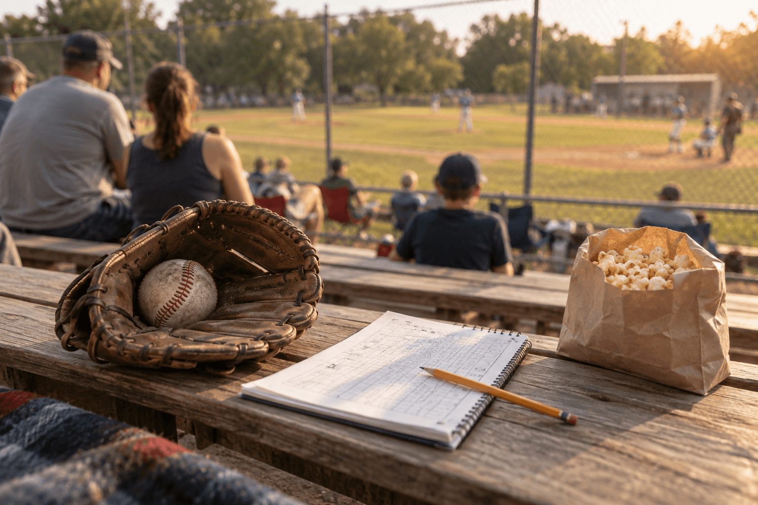 Fictional family photograph: Sunshine, pencil marks in the scorebook, and popcorn passed down the row