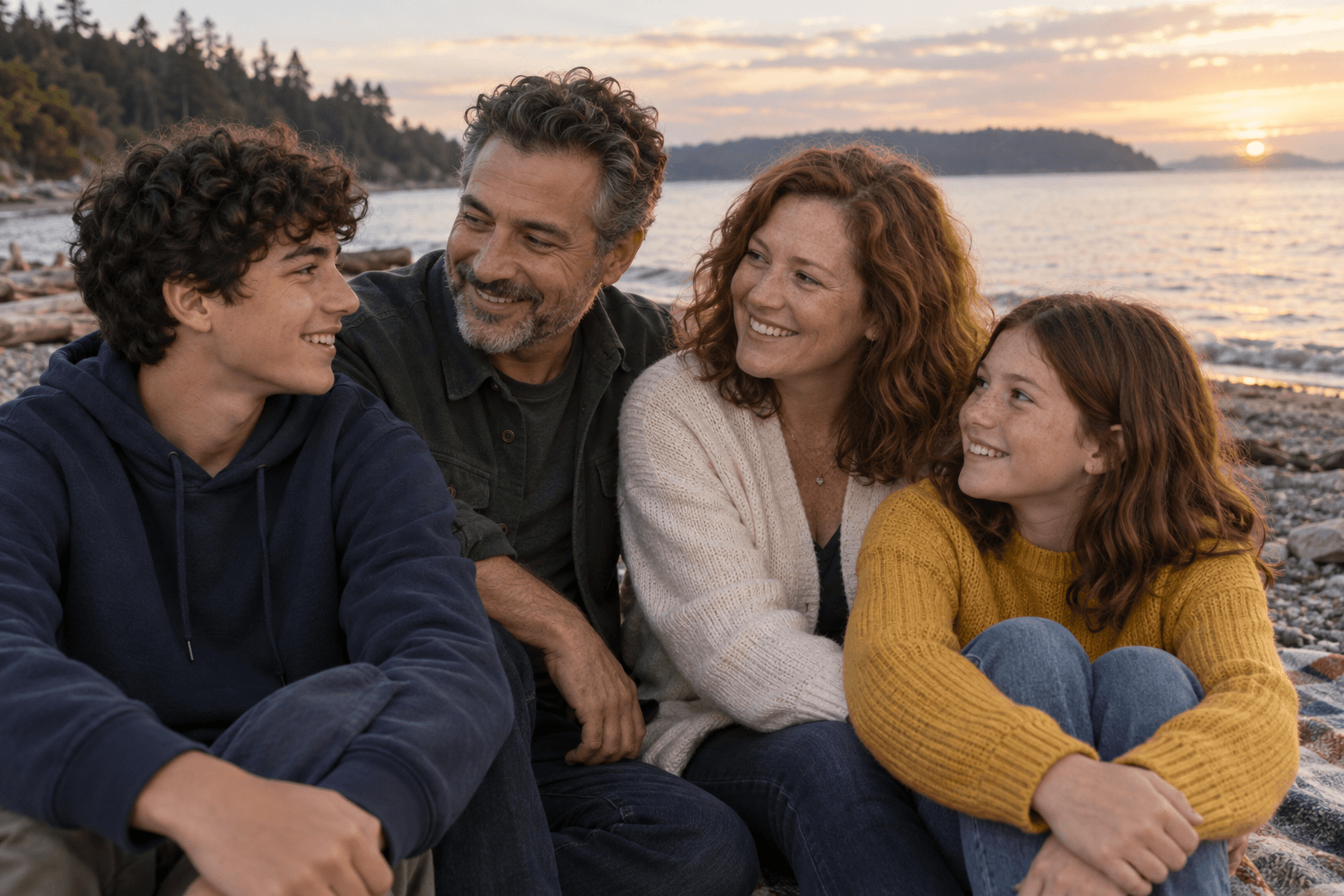 The fictional Avatar family enjoying an evening together by the water