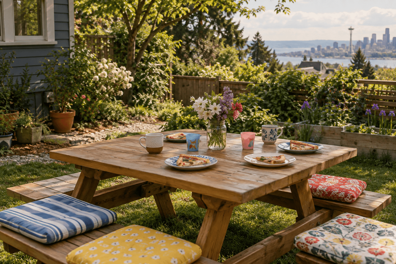 Illustrative family gathering around a garden table