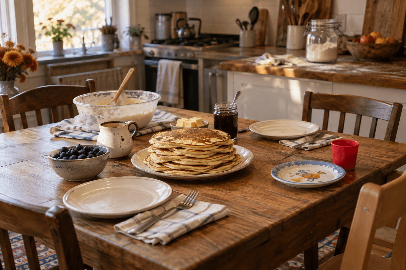Fictional family photograph: The first pancake is officially called the practice pancake now