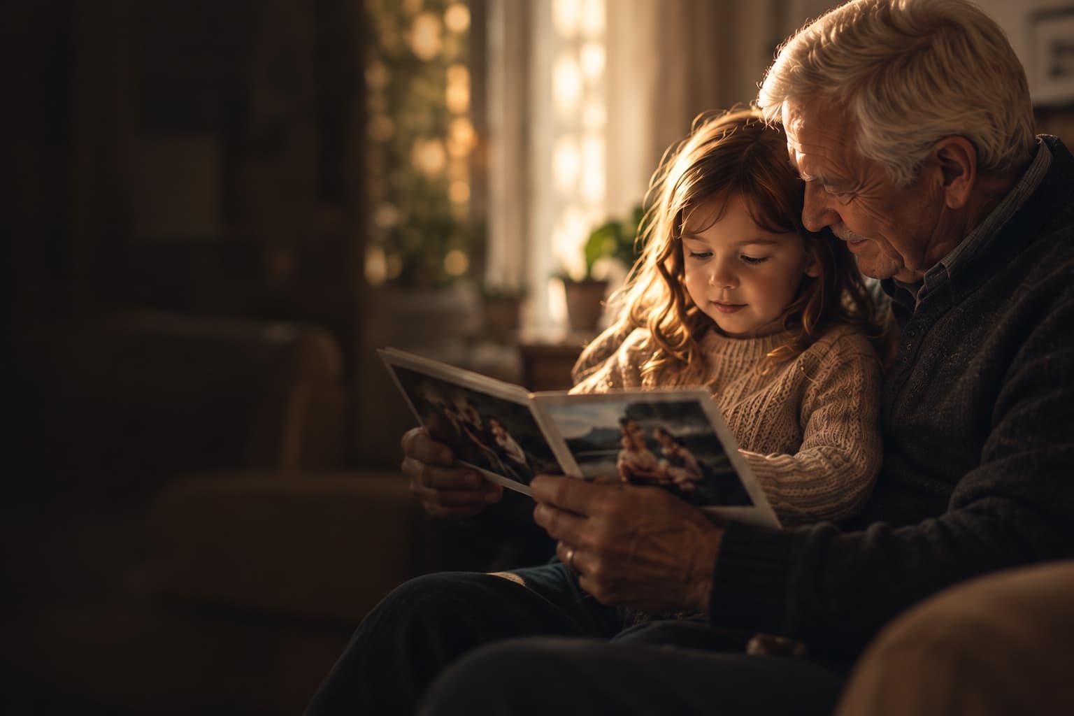 A grandfather and granddaughter looking through a family photo album
