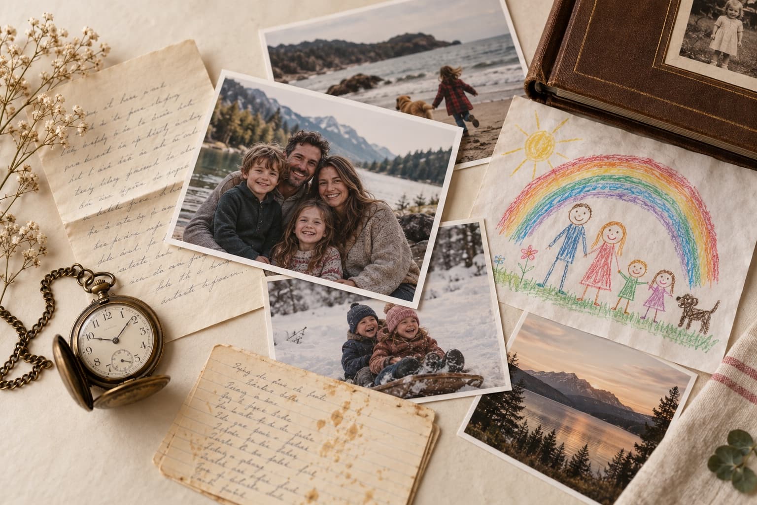 Family photographs, a child’s drawing, handwritten notes and a pocket watch gathered together